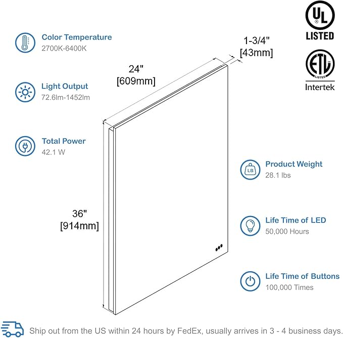 24x36 LED Mirror for Bathroom | Backlit LED Vanity Mirror with Anti-Fog, Stepless Dimmable, 3 Color Temperature | Wall Mounted Lighted Bathroom Mirror | Smart Vanity Makeup Mirror with Lights