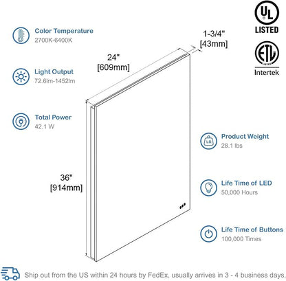 24x36 LED Mirror for Bathroom | Backlit LED Vanity Mirror with Anti-Fog, Stepless Dimmable, 3 Color Temperature | Wall Mounted Lighted Bathroom Mirror | Smart Vanity Makeup Mirror with Lights