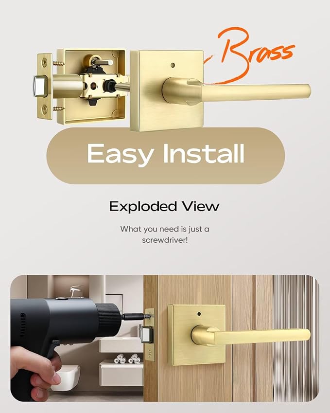 Leydebong 1 Pack Gold Door Handles, Keyless Privacy Door Levers Bed and Bath Leverset Lockset, Universal Handing with Square Door Knobs, Satin Brass Finish