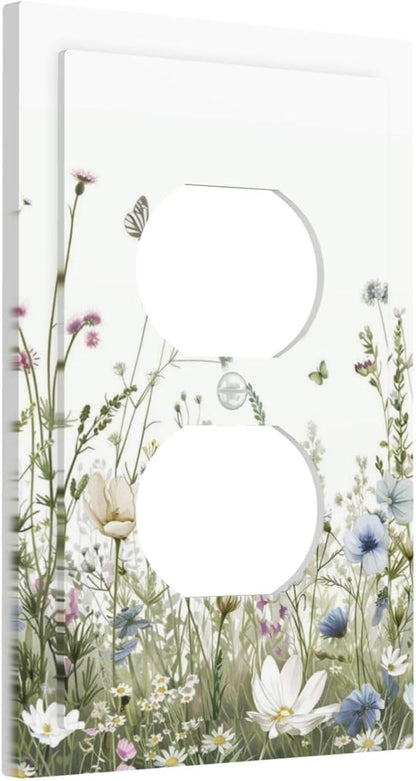Colorful Wildflowers Daisy Plant Butterfly Floral Outlet Covers 1 Gang Duplex Light Switch Cover Decorative Switch Plates Electrical Receptacle Faceplate Wall Plate for Bed Room Living Room Decor