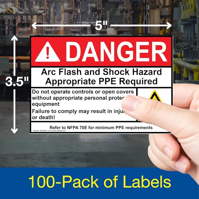 ComplianceSigns.com DANGER Arc Flash And Shock Hazard Appropriate PPE ANSI NFPA 70E Safety Label Decal, 5x3.5 inch 100-Pack Vinyl for Electrical, American Made Safety Signs for the Workplace
