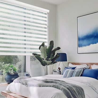 Shadesu Custom Size Zebra Blinds for Windows, 97" W x 72 H, White, Dual Layer Free-Stop Zebra Shades, Light Control for Day and Night, Sheer Blinds for Indoor Windows, Bedroom, Kitchen