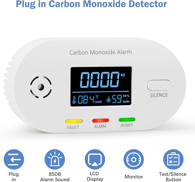 Carbon Monoxide Detectors,Plug in Carbon Monoxide Detector with CO Alarm Monitor Temperature Humidity Sensor,3-in-1 CO Detector with LCD Display for Home/Kitchen/Hotel/Bedroom (White)