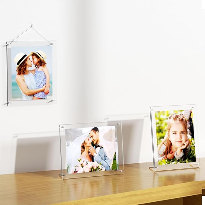 AITEE 8.5x11 Acrylic Picture Frames 2 Pack, Clear Desk Picture Frames with Stand, Modern Frameless Floating Frames Lucite Transparent Square Cubes Frame for Wall & Desktop Display Gift for Home Office