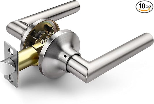 GOBEKOR 10 Pack Brushed Nickel Door Handles Interior,Heavy Duty Passage Door Handles Interior Door Levers for Hallway and Closet, Modern Sleek Round Door Locks Satain Nickel