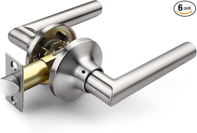 GOBEKOR 6 Pack Brushed Nickel Door Handles Interior,Heavy Duty Passage Door Handles Interior Door Levers for Hallway and Closet, Modern Sleek Round Door Locks Satain Nickel