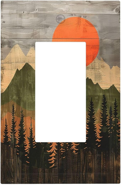 Decorative Outlet Covers Vintage Wood Grain Sun Forest Mountains 1 Gang Single Rocker Light Switch Cover Plate Wall Plates GFCI Faceplate for Farmhouse Cabin Decor