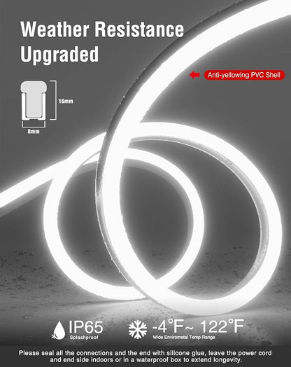 Shine Decor LED Neon Rope Lights AC 120V, Expandable & Cuttable 120LEDs/M Bright Strip Lighting, ETL Cold-Resistant & IP65 Waterproof for Indoor Outdoor, 8x16mm, 6300K Cool White, 32.8ft