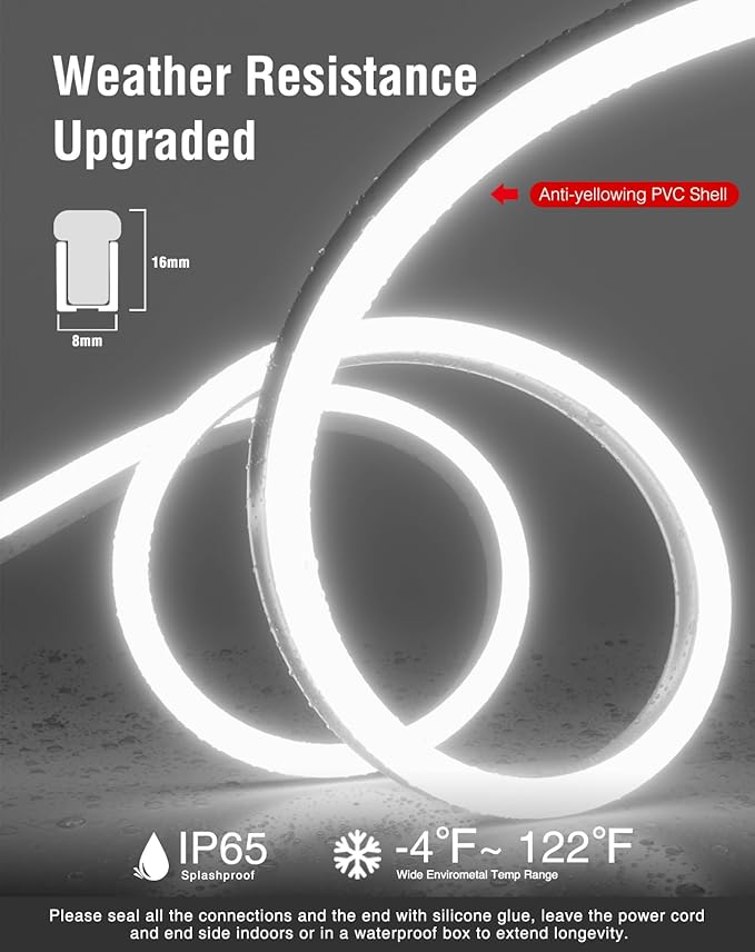 Shine Decor LED Neon Rope Lights AC 120V, Expandable & Cuttable 120LEDs/M Bright Strip Lighting, ETL Cold-Resistant & IP65 Waterproof for Indoor Outdoor, 8x16mm, 6300K Cool White, 131.2ft