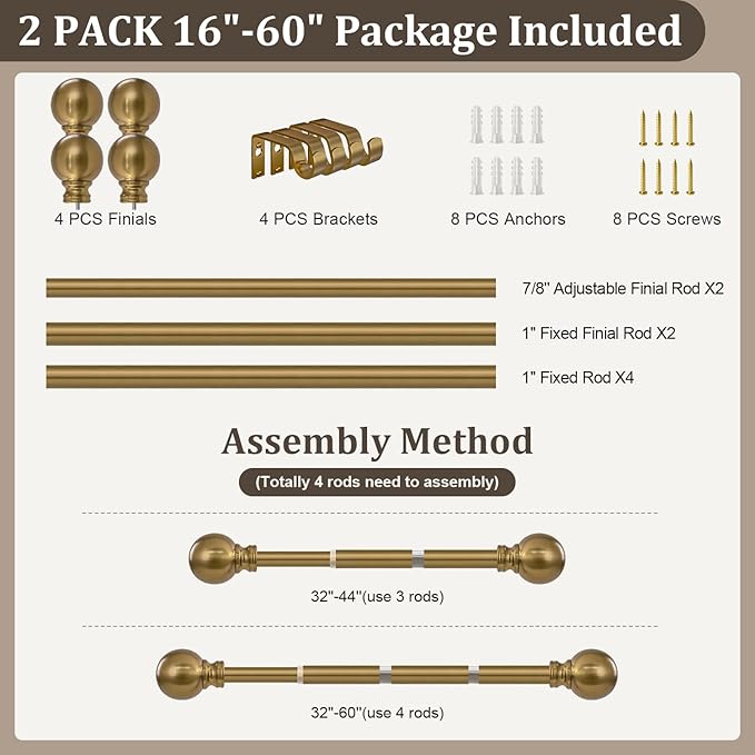 2 Pack Warm Gold Curtain Rods for Windows 28 to 48 Inch 1" Diameter Adjustable Heavy Duty Brass Window Curtain Rod with Metal Finials for Living Room Bedroom Farmhouse Kitchen Outdoor