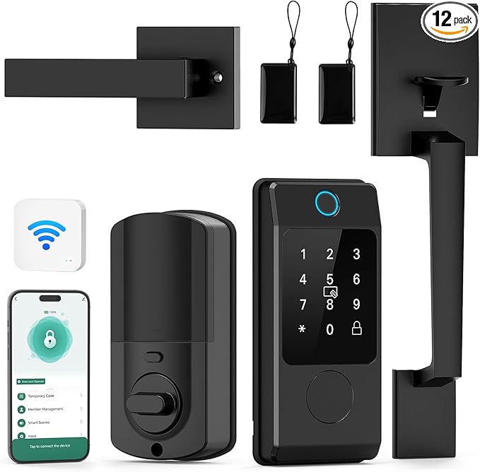 WiFi Smart Locks for Front Door with Handle Sets, Keyless Entry Door Lock Fingerprint Deadbolt, Electronic Digital Touchscreen keypad, App Control, Easy to Install (Black)