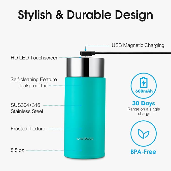 Vsitoo Smart self cleaning Insulated Water Bottle, 8.5oz Stainless Steel Vacuum Flask, AI Self-Clean, 30-Day Battery Life, BPA-Free, Magnetic Charging, Portable Travel Mug Gifts for Men Women, Blue