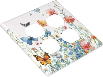 Decorative Outlet Covers Rustic Wildflower Blue Pink Floral Butterfly 2 Gang Light Switch Cover Plate Double Duplex Wall Plates for Electrical Outlets Switch Plate Covers for Home Decor