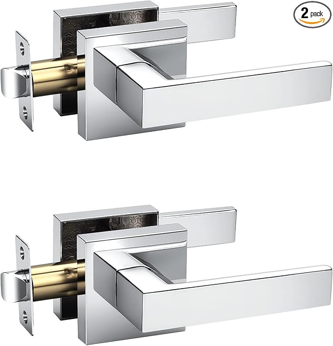 KNOBWELL 2 Pack Door Handles Interior Passage Doorknob with Straight Lever Polished Chrome Hallway Closet Door Handles