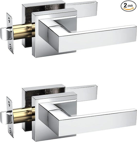 KNOBWELL 2 Pack Door Handles Interior Passage Doorknob with Straight Lever Polished Chrome Hallway Closet Door Handles