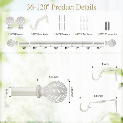 Weathered White Curtain Rod for Windows 66 to 120 Inches(5.5-10ft)， 1'' Diameter Heavy Duty Adjustable Curtain Rod with Leaf Pattern Finials - for Living Room, Bedroom,etc 36-120''