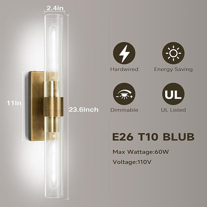 Brass Wall Sconces Set of Two, 22.8" Sconces Wall Lighting 2-Light, Gold Bathroom Wall Sconces, Glass Vanity Lights, Indoor Wall Sconce for Bathroom, Bedroom, Living Room, Hallway