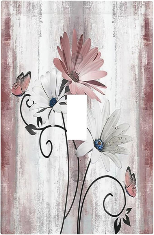 Decorative Light Switch Cover Pink White Daisy Butterfly Wood Grain 1 Gang Single Toggle Device Electrical Faceplate Switchplates Decorator Outlet Wall Plate for Farmhouse Bathroom Decor