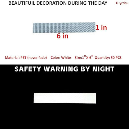 Non Fading White Reflective Stickers 1 inch X 6 inch, Outdoor Waterproof High Visibility Warning Safety Adhesive Reflector Tape (50 Pcs)