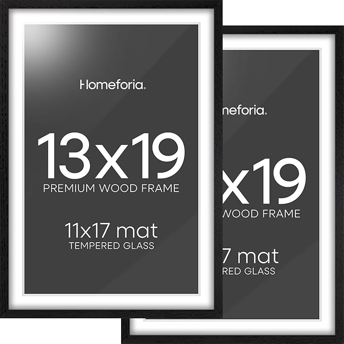 Homeforia 13x19 Picture Frame Black Wood, High End Oak 13x19 Frames with Mat 11x17 Photo, 13 x 19 Wooden Poster Frame Matted to 11 by 17 Print, 19x13 Hanging Frames, Tempered Glass, Wall Kit, Set of 2