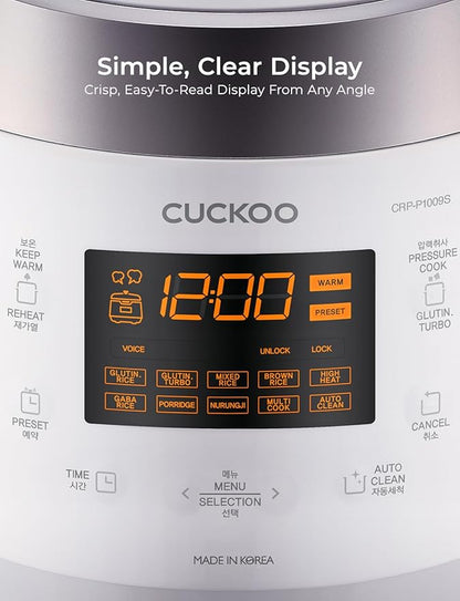 CUCKOO High Pressure Rice Cooker 10-Cup Uncooked / 20-Cup Cooked with Nonstick Inner Pot, Large Rice Maker with 13 Menu Options and Steam Plate, Fuzzy Logic Tech, Voice Guide, White (CRP-P1009SW)
