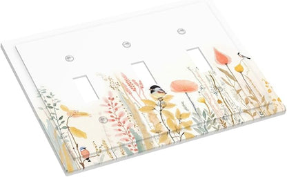 Decorative Switch Plates Colorful Floral Watercolour Cuddly Bird 3 Gang Wall Plate Triple Toggle Light Switch Cover Faceplate Electrical Wall Panels For Bed Room Living Room Decor