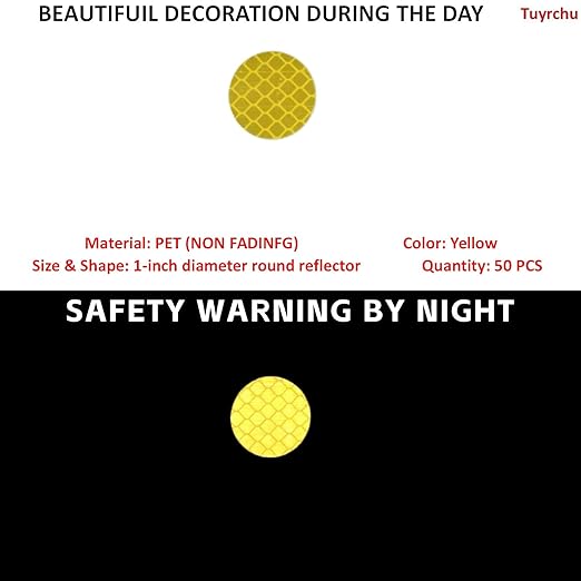 Non Fading Yellow Reflective Stickers 1-inch Diameter Round Reflector, Outdoor Waterproof High Visibility Warning Adhesive Tape (50 Pcs)