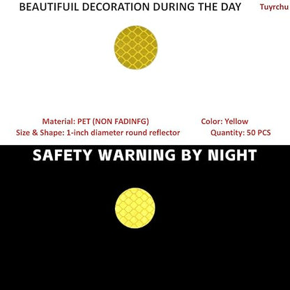 Non Fading Yellow Reflective Stickers 1-inch Diameter Round Reflector, Outdoor Waterproof High Visibility Warning Adhesive Tape (50 Pcs)