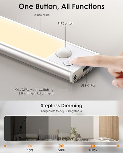 VerRon 14in Under Cabinet Lighting, Upgraded 3200mAh Rechargeable Under Cabinet Lights Wireless, LED Motion Sensor Light Indoor Closet Lights Under-Counter Light Fixtures for Kitchen, Pantry, 2-Pack