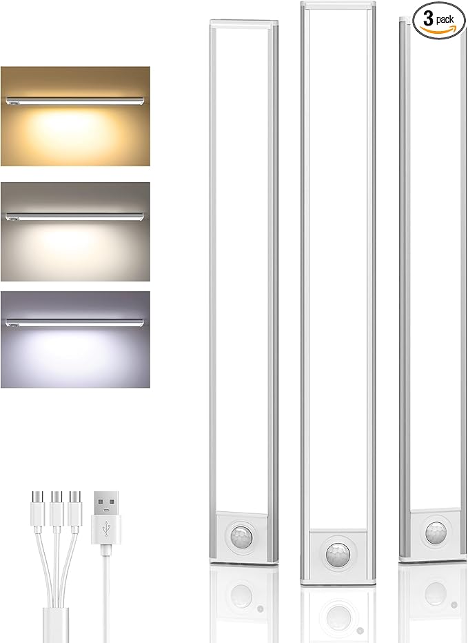 Under Cabinet Lighting Wireless,Rechargeable Battery Motion Sensor Light Indoor,LED Closet Lights USB Charging,3 Color Dimmable Under Cabinet Lights for Kitchen (3 Pcs) 7inch