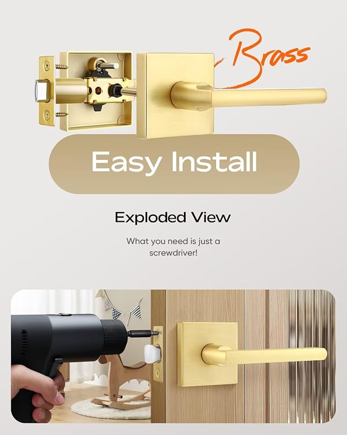 Leydebong 3 Pack Passage Door Levers Square Hall Closet Handles, Heavy Duty Interior Non-Locking Lever Sets, Reversible for Right & Left Side, Satin Brass Finish