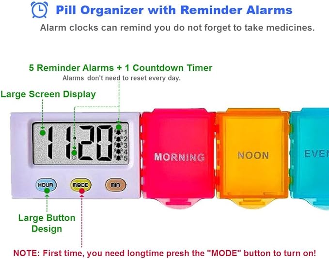 [4 in 1] 1 Day 4 Times Medicine Pill Organizer +5 Alarms + Timer+ Clock, Large Compartments,Loud Sound,Large Screen, Moisture-Proof,Dust-Proof, Travel Daily Pill Box/Organizer/Case/Container/Dispenser
