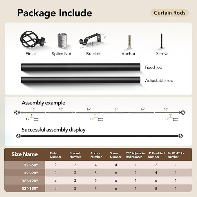 Curtain Rods for Windows 66 to 120, 1 Inch Adjustable Decorative Long Black Curtain Rod with Twisted Cage End, Modern Heavy Duty Outdoor Drapery Rods for Patio, Telescoping Splicing, Size 32"-120"