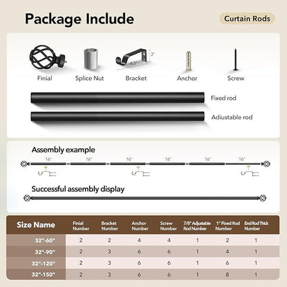 Curtain Rods for Windows 72 to 144, 1 Inch Adjustable Decorative Long Black Curtain Rod with Twisted Cage End, Modern Heavy Duty Outdoor Drapery Rods for Patio, Telescoping Splicing, Size 32" - 150"