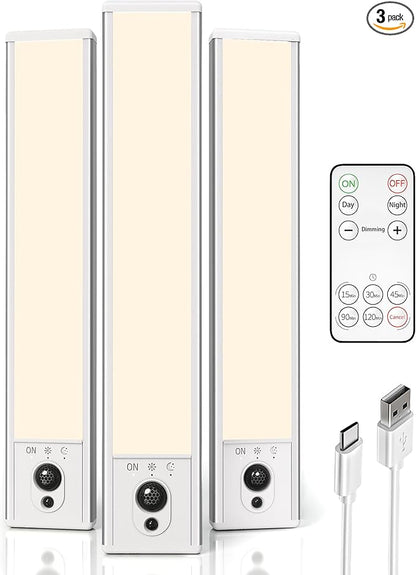 EZVALO 3 Pack Under Cabinet Lighting, Rechargeable Motion Sensor Light, LED Closet Lights Wireless, 3500K Dimmable, Timer, Magnetic, with Remote Control for Kitchen, Closet, Stair