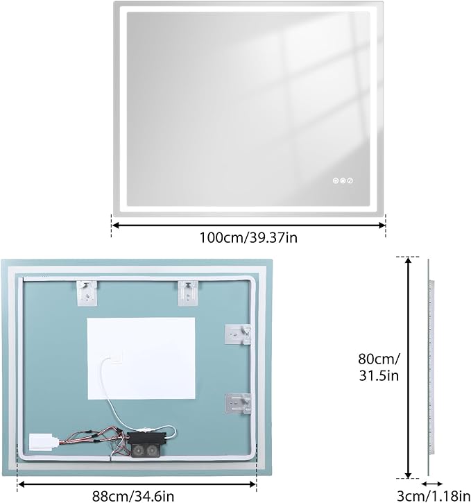 24" Round LED Bathroom Mirror with Anti-Fog & Touch Switch - 60x60cm Wall-Mounted Makeup Vanity Mirror, No Drilling Required, Smart Display (Square)
