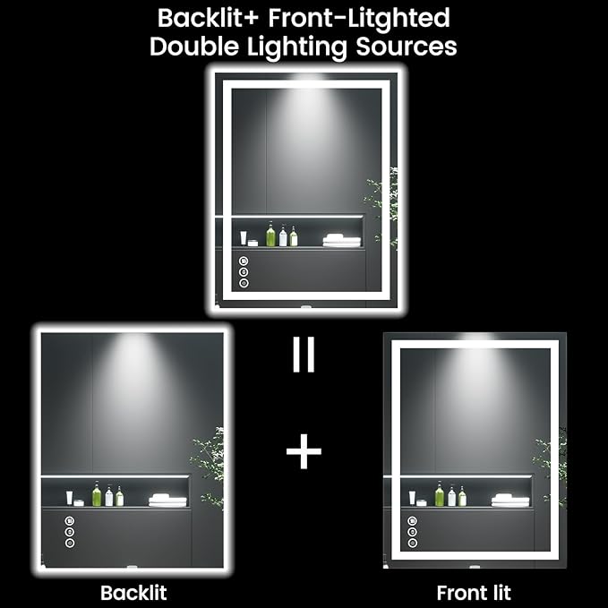 28X36 LED Bathroom Mirror with Lights, Anti-Fog, Backlit + Front Lit, Lighted Bathroom Vanity Mirror for Wall, Memory Function, Dimmable, Tempered Glass, Shatter-Proof