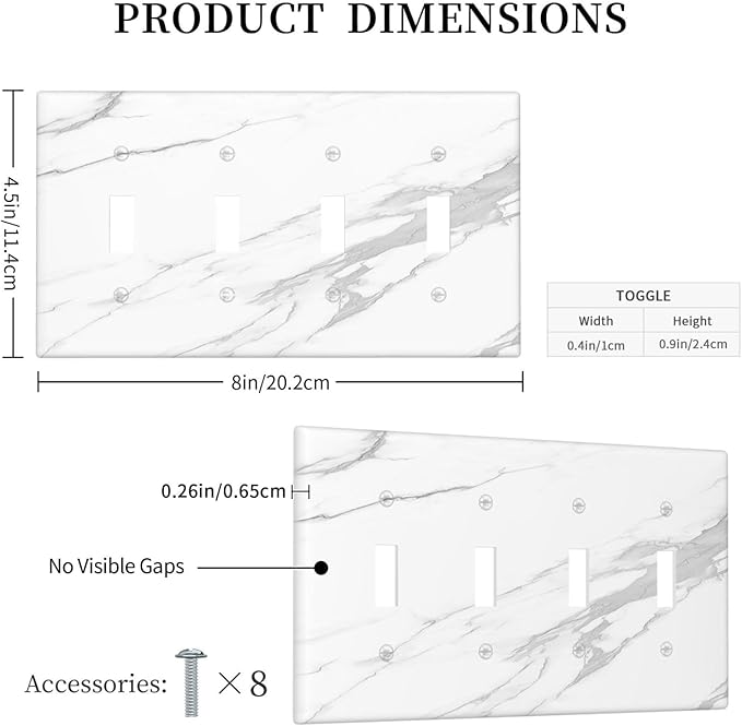 Light Switch Covers Modern White Gray Marble Quad Toggle Electrical Faceplate 4 Gang Wall Plate Decorative Switch Plates for living Room Bathroom Decor