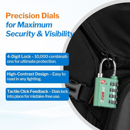 Forge Dual-Opening: Key or Combination Lock, TSA Approved Lock for Luggage, Pelican case, Travel, Gym, School, Luggage Combination Lock, Travel Bag Lock (Green 2 Pk)