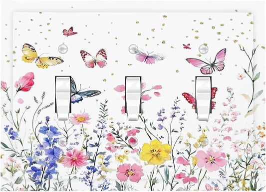 Decorative Switch Plates Watercolor Floral Butterfly Colorful Wildflower 3 Gang Wall Plate Triple Toggle Light Switch Cover Faceplate Electrical Wall Panels For Bed Room Living Room Decor