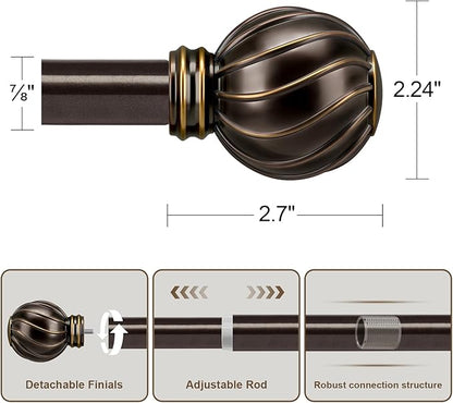 Brown Curtain Rods for Windows 28 to 48 Inch 7/8" Diamete Heavy Duty Adjustable Window Curtain Rod with Decorative Finials for Farmhouse Bedroom Living Room Kitchen Outdoor