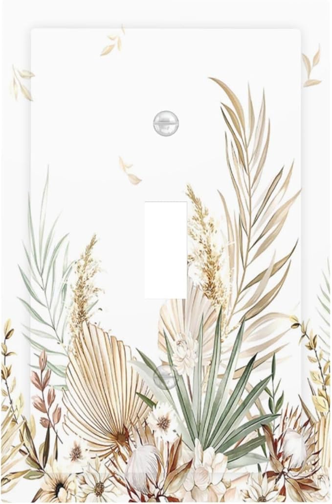 Decorative Light Switch Cover Boho Leaves Watercolor Tan Leaf Floral Plant 1 Gang Single Toggle Decorator Outlet Wall Plate Device Electrical Faceplate Switchplates for Bedroom Home Decor
