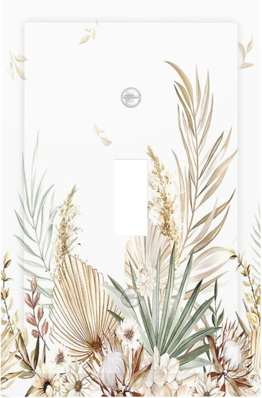 Decorative Light Switch Cover Boho Leaves Watercolor Tan Leaf Floral Plant 1 Gang Single Toggle Decorator Outlet Wall Plate Device Electrical Faceplate Switchplates for Bedroom Home Decor