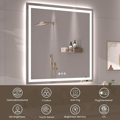 40"X30" LED Bathroom Mirror with Front Lights and Backlit, Anti-Fog, Dimmable, Shatter-Proof Tempered Glass, Lighted Bathroom Vanity Mirror for Wall with 3 Colors, Memory Function