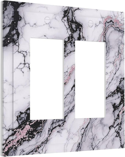 Decorative Outlet Covers White Marble Pattern Black Lines Pink Lines 2 Gang Double GFCI Rocker Electrical Wall Panels Light Switch Cover Plate for living Room Office Decor