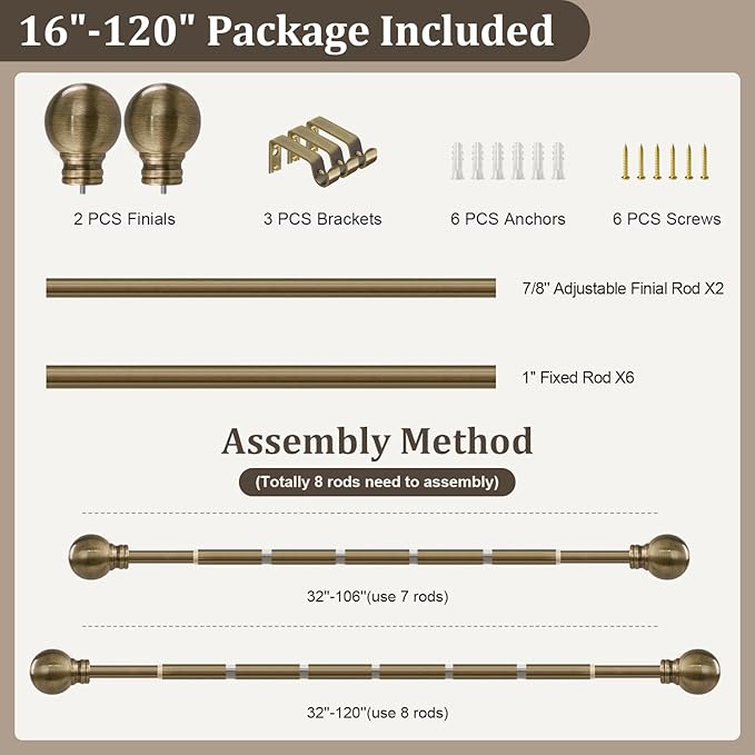 Antique Bronze Curtain Rods for Windows 66 to 120 Inch 1" Diameter Adjustable Heavy Duty Brass Window Curtain Rod with Metal Finials for Living Room Bedroom Farmhouse Kitchen Outdoor