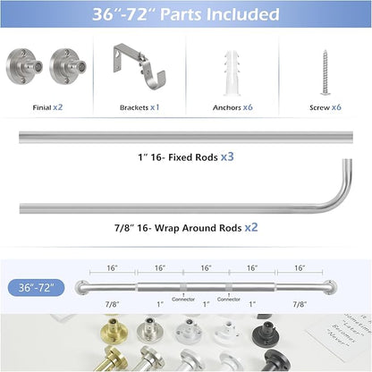 Nickel Wrap Around Curtain Rods 36 to 72 In:Blackout Heavy duty Adjustable Window Curtain Rod for Bedroom,Industrial Darkening Curved French Metal Single Drapery Rods Easy Install,Satin Nickel