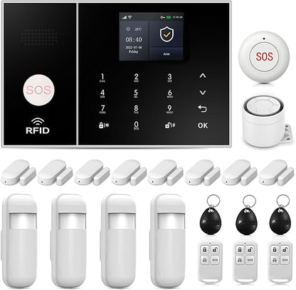 4G Smart Home Security Alarm Kit, Wireless WiFi Home Alarm System with Siren, PIR Motion Sensor, Remote Controls, Window/Door Sensor