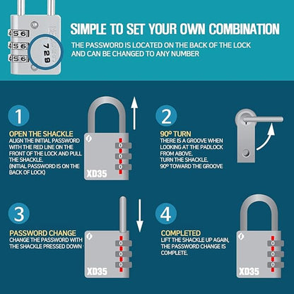 XD35 Combination Lock, 3-Digit Padlock for School Gym Sports LockerLock, Fence, Toolbox, Case, Hasp Storage (1-Pack, Gray)