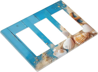 Light Switch Covers Blue Wood Grain Beach Shell Starfish 3 Gang Rocker Electrical GFCI Decorative Triple Outlet Wall Plate Cover Switchplate for Bathroom Farmhouse Decor